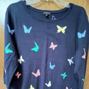 $119 Talbots multi color butterfly tunic sweater navy blue background 1X